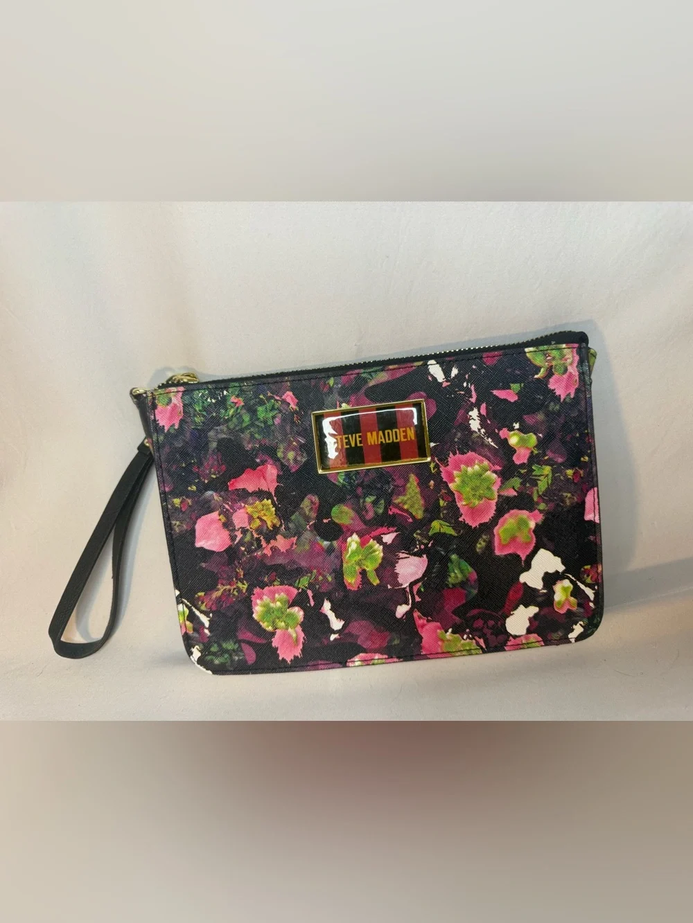 Steve Madden Black Floral Zip Wristlet with Pink and Green Accents